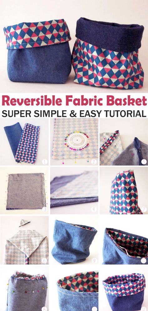 Easy DIY Reversible Fabric Basket Sewing Baskets Diy, Fabric Baskets Diy, Fabric Baskets Diy Free Pattern, Sew A Basket, Fabric Basket Diy, Diy Fabric Basket, Cosmetic Bag Tutorial, Organizer Baskets, Diy Pouch Tutorial