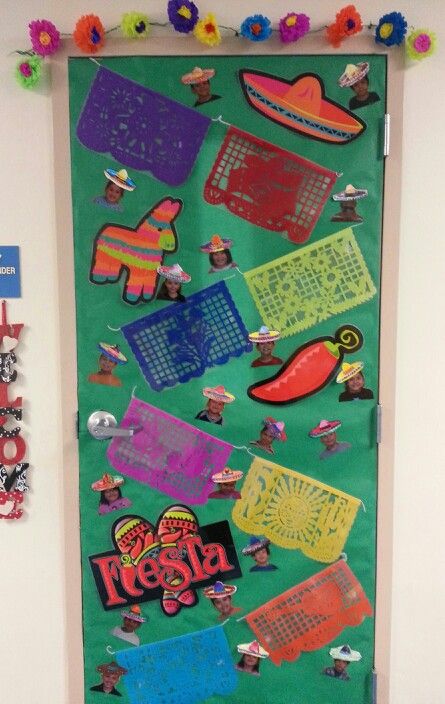 Fiesta door Fiesta Door Decorations Classroom, Classroom Decorations Bulletin Boards, Hispanic Heritage Month Bulletin Board, Classroom Holiday Activities, Heritage Month Bulletin Board, Class Decoration Ideas, Mexican Doors, March Is Reading Month, Diy Decorations Ideas