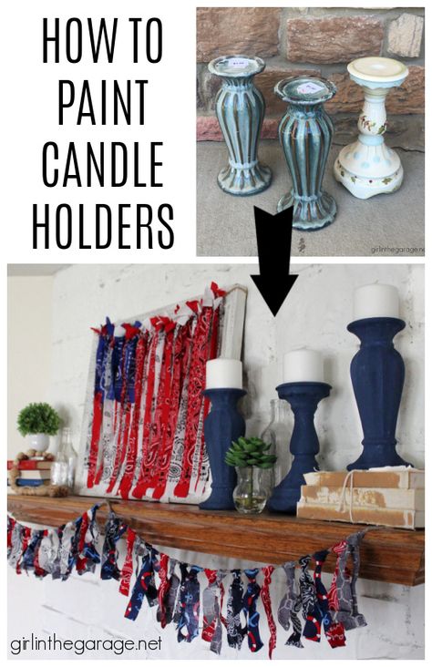 Paint Candle Holders, Diy Painting Candles, Diy Patriotic Decor, Candle Holders Diy, Rag Flag, Garage Organisation, Diy Painted Furniture, Painting Candle Holders, Thrift Shop Finds