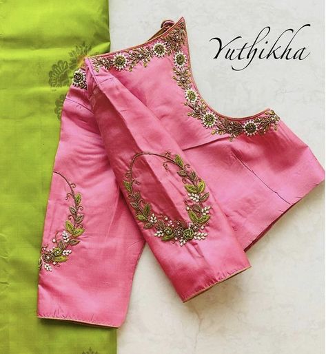 Trending Blouse Work Designs, Simple Design Works For Blouse, Aariya Work Blouse, Butta Pusala Maggam Work, Simple Blouse Designs For Bride, Latest Simple Computer Work Designs, Work Blouses Maggam Latest Simple, Simple Trendy Aari Work Blouse Design, Pink Blouse Machine Work Designs