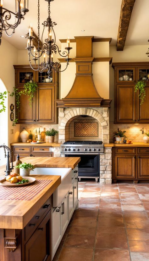 Step into a sun-drenched kitchen reminiscent of the Italian coast, where rustic elegance meets culinary brilliance. This design features a focal stone pizza oven and a communal farmhouse table, basking in the golden glow of sunset light. Large, floor-to-ceiling windows open up to breathtaking views of the rolling Tuscan hills, while vintage iron chandeliers provide a cozy ambiance. Experience the warmth and charm of Tuscany in this captivating kitchen, designed to inspire and delight. Italian Country Kitchen Tuscany, Italian Style Kitchen Decor, Mediterranean Style Kitchen Tuscan Decor, Mediterranean Villa Kitchen, Sun Roofs Ceilings Kitchen, Tuscan Kitchen 2000s, Classic Italian Kitchen, Tuscan Modern Home, Old World Home Design