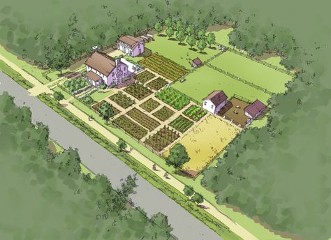 Illustrated Comprehensive Plan: Self-sufficient one-acre Homestead | TPUDC | Town Planning & Urban Design Collaborative Homestead Layout, Farm Town, Rumah Minecraft Sederhana, Town Planning, Acre Homestead, Landscape Design Drawings, Farm Plans, Homestead Farm, Farm Layout