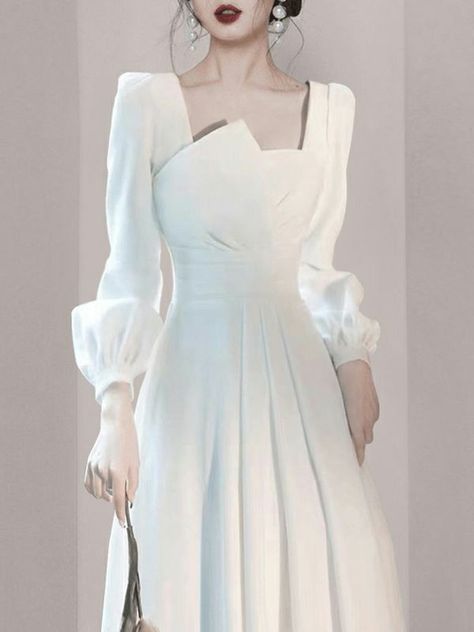 Korean Dress Elegant, Asian Prom Dress, Dresses Korean Style, Light Wedding Dress, Gown Long Sleeve, Simple White Dress, Bride Dress Simple, Classy Wedding Dress, Gowns Dresses Elegant