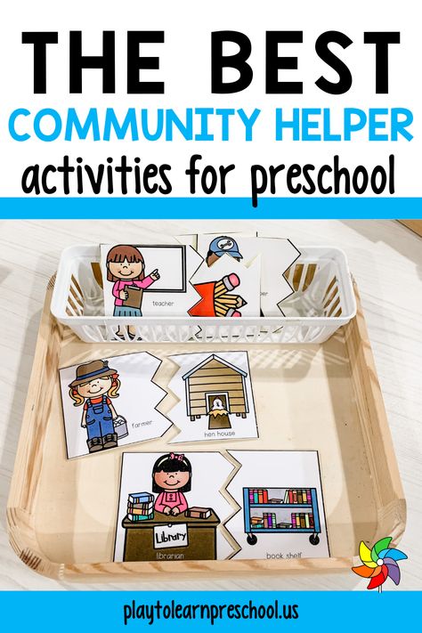 Community Helper activities and lessons encourage preschoolers to think more closely and appreciate all of the people in their community who work to keep them safe, healthy, well-fed, and educated! Use these activity ideas during Circle Time, at play centers, and in small groups. These community helper ideas for preschoolers involve hands-on activities and carpet games that are fun and engaging. There are beginning sound identification activities too. Community Helpers Literacy Activities, Community Helpers Matching Game, Community Helpers Literacy, Community Helpers Games, Community Helper Activities, Community Helpers Centers, Community Helpers Matching, Preschool Small Group, Community Helpers Activity