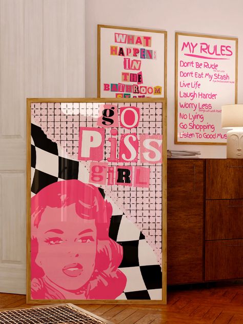 Pink Funky Bathroom Print|Go Piss Girl Funny Girly Bathroom Print|Maximalist Decor|Funny Y2k Bathroom Printable|Preppy Trendy Wall Decor by Infinityvelour on Etsy Pink Bathroom Maximalist, Vibrant Bathroom Decor, Bathroom Prints Aesthetic, Cool Bathrooms Aesthetic, Funky Pink Bedroom, Barbie Themed Bathroom, Girl Bathroom Ideas Decor, Pink Disco Bathroom, Pink Bathroom Prints