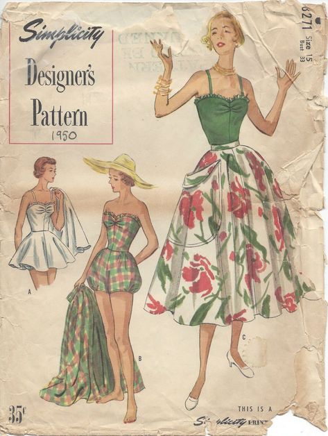 1950s Vintage Sewing Pattern: B33 Bathing Suit & Skirt (R975) by Simplicity 8271 50s Dress Pattern, Bathing Suit Skirt, 1950s Sewing Patterns, Mother Daughter Fashion, Patron Vintage, Vintage Bathing Suits, Design Moda, Vintage Dresses 50s, Suit Pattern