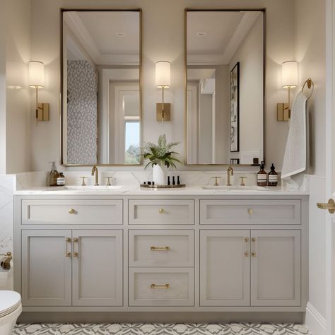 Large Bathroom Inspiration, Masculine White Bathroom, Mix Gold And Black Hardware Bathroom, Downstairs Half Bathroom Ideas, Restroom Design Home, Second Bathroom Remodel, Beige Bathroom Cabinets, Toilet Styles, Bathroom Remodel Design Ideas