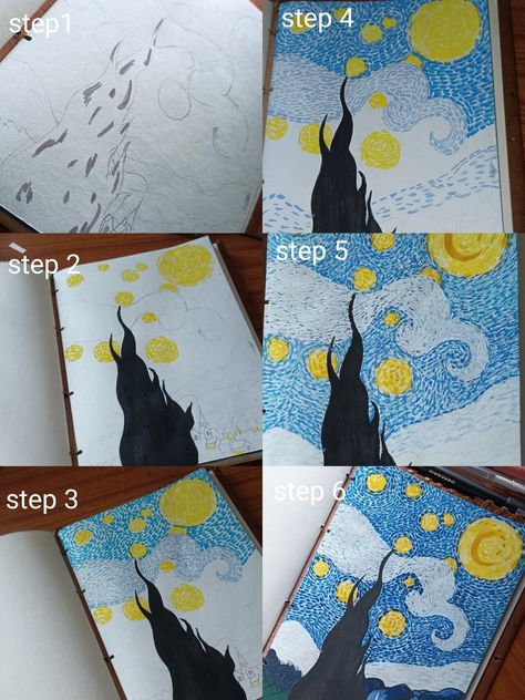 Made with watercolor and sketch pen. Starry Night Step By Step, Starry Night Sketch, Night Sketch, Sketch Pen, Art Landscape, Starry Night, Step By Step, Canvas Art, Pen