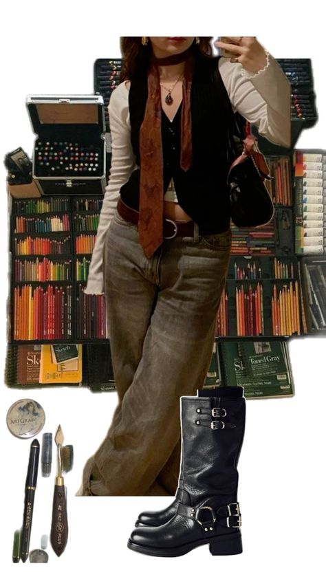 Punk Autumn Outfit, Librarian Core Outfit, Female Genius Aesthetic, Writer Aesthetic Outfit, Punk Librarian, Chaotic Academia Outfits, Library Outfits, Librarian Outfit, Librarian Core