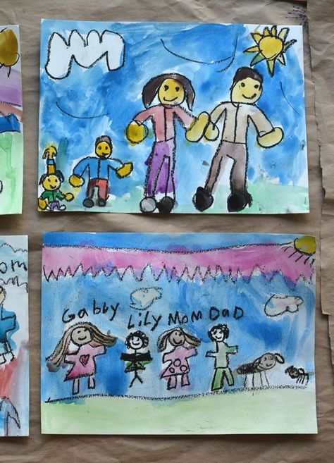 Oil pastels & watercolor: Family portraits make the best keepsakes. I can't wait for my girls to do this! Meri Cherry, Family Art Projects, Kindergarten Rocks, Family Drawing, Family Painting, Homeschool Art, Kindergarten Art, Family Art, Mothers Day Crafts