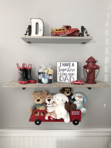 Firefighter Nursery Ideas, Vintage Fire Truck Nursery, Firefighter Bedroom Ideas Kids, Fire Truck Nursery Ideas, Firefighter Nursery Baby Boy, Cabin Nursery Theme, Hobby Lobby Nursery Decor, Boy Themed Nursery, Hobby Lobby Nursery