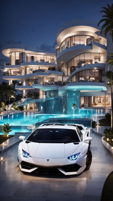 Luxury Driveway, Futuristic Mansion, Beachfront Mansion, Night Architecture, Futuristic House, Good Looking Cars, Car Hd, Mansions Luxury, Fancy Cars