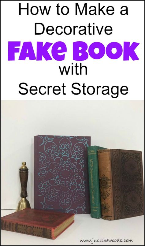 DIY decorative book box with secret storage. Love the look of vintage books with pretty detail on the cover? Make a faux book with paint and stencil. | book box | fake book | faux book | |book with secret storage | fake book box | fake books for decor | faux book box | via @justthewoods Fake Book Storage, Paper Mache Book Box Ideas, Fake Book Covers Printable, How To Make Fake Books For Decor, Diy Faux Books, Decoupage Boxes Ideas Diy, Diy Book Box Storage, Fake Books Decor Diy, Faux Books Decor Diy