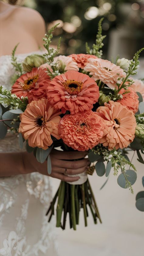 Wedding Flowers Zinnias, Zinnias Bouquet, Zinnia Bridal Bouquet, Coral Flower Arrangements, Zinnia Wedding Bouquet, Zinnia Wedding, Peach Color Flowers, Homecoming Bouquet, Bouquet Recipes