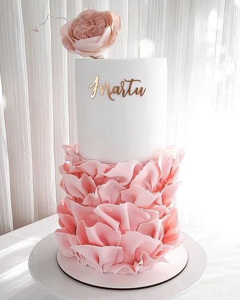 Two Tier Fondant Cake, Fondant Cakes Birthday Girl, Ruffle Birthday Cake, Two Tier Birthday Cake, Fondant Ruffles, Modern Birthday Cakes, Learn Cake Decorating, 15th Birthday Cakes, Tier Cakes