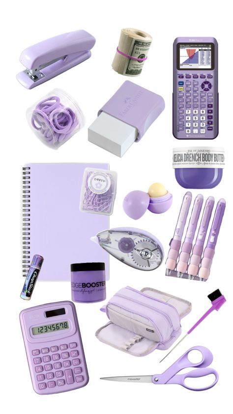 Purple School Supplies, Preppy Collages, College Dorm Checklist, School Wishlist, Pretty School Supplies, Stationary Organization, Backpack Essentials, Aesthetic School, Lilac Lavender