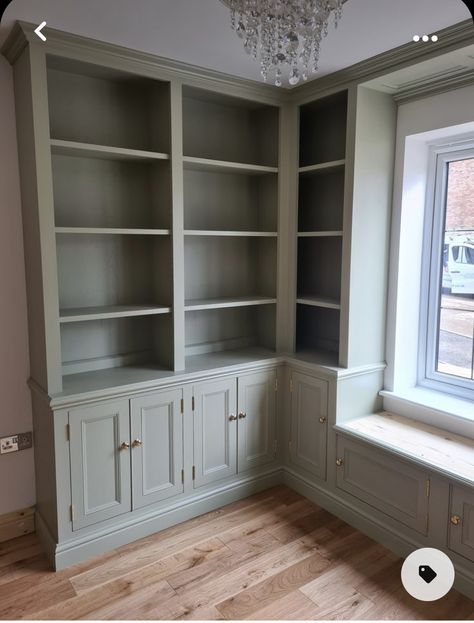 Wrap Around Built In Bookshelves, Victorian Built In Bookcase, Home Library Built Ins, French Country Bookshelves, Bookcase Built In, Cottage Core Home Office, Small Office Library, Built In Bookshelf, Home Library Rooms