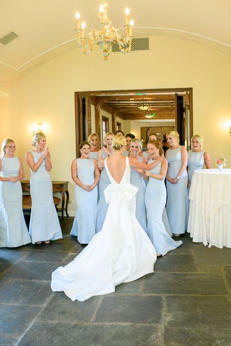 Plunging v-neck princess seam trumpet gown of mikado with a v-back accented with a bow from Blue Willow by Anne Barge Photography by Heather Durman Photography Mikado Bridesmaid Dress, Wedding No Bouquet, Classic Rustic Wedding Decoration, Classy Blue Bridesmaid Dresses, French Blue Bridal Party, Spring Wedding Gown, Blue And White Wedding Bridesmaids, Light Blue Aesthetic Wedding, Classic Wedding Bridesmaid Dresses