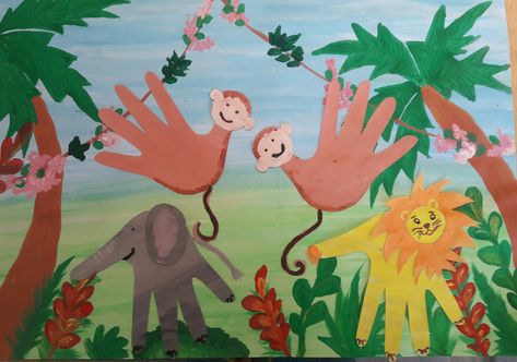 Hand print jungle animals Jungle Animals Preschool, Safari Artwork, Square 1 Art, Animals Preschool, Jungle Painting, Tissue Paper Art, Safari Art, Jungle Scene, Vbs Ideas