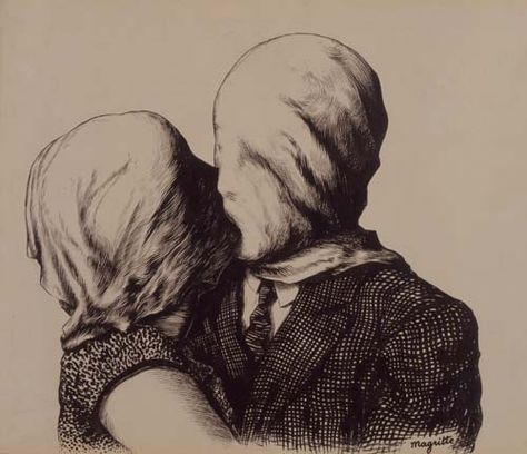 Rene Magritte's Duo (1928), brush and India ink on paper Magritte The Lovers, Rene Magritte The Lovers, René Magritte, Virtual Art, Rene Magritte, Graffiti Drawing, The Lovers, India Ink, Ink On Paper