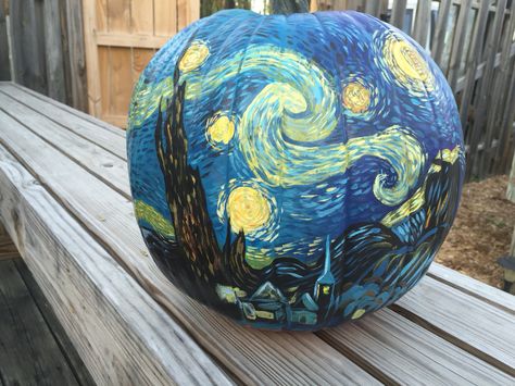 My "The Starry Night" painted pumpkin Pumpkin Painting Starry Night, Van Gogh Pumpkin Painting, Detailed Painted Pumpkin, Intricate Pumpkin Painting, Starry Night Pumpkin Painting, Detailed Pumpkin Painting, Van Gogh Pumpkin, Pumpkin Painting Ideas Aesthetic, Starry Night Pumpkin