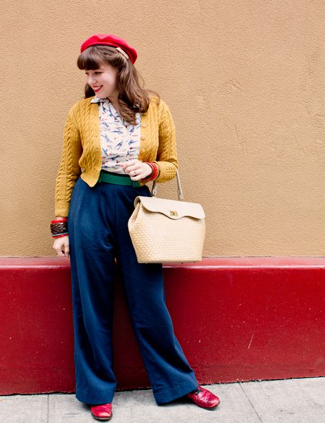 Gorgeous colors! | via Vixen Vintage. Vintage Pants Outfit, 1930s Pants, Cardigan Handmade, Handmade Pants, Retro Fashion Outfits, Red Beret, Retro Outfit, Mustard Green, Booties Outfit