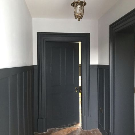 Black Hallway Floor, Dark Grey Panelling Hallway, Railings Hallway Farrow Ball, Downpipe Stairs, Farrow And Ball Railings Hallway, Farrow And Ball Paean Black, Black Woodwork Hallway, Black Walls Hallway, Panelled Stairs