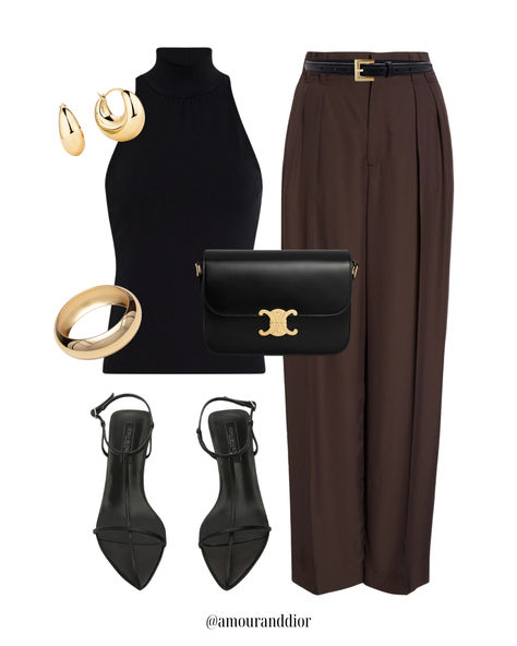 Leaning into fall in style 🍂 #brownpants #mockneck #turtleneck #celine #demellier #goldjewelry #trousers #falltrends #falloutfit #workoutfit #workwear #LTKFallSale Brown Linen Trousers Outfit, Mockneck Top Outfit, Brown Trousers Outfit Women, Workoutfit Workwear, Turtleneck Top Outfit, Brown Trousers Outfit, Linen Trousers Outfit, Dior Style, Sleeveless Mock Neck