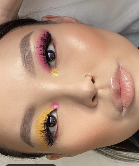 Yellow and pink makeup Yellow Pastel Makeup, Pink Yellow Eye Makeup, Yellow Pink Makeup, Pink And Yellow Makeup Looks, Yellow And Pink Makeup, Pink And Yellow Eyeshadow, Pink And Yellow Makeup, Yellow Eye Makeup, Yellow Blush