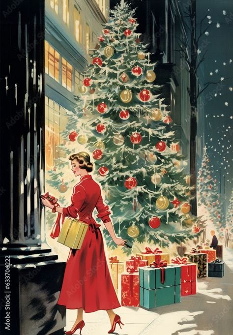 Christmas City, Retro Christmas Cards, 1950s Christmas, Clipart Vintage, Christmas Illustrations, Vintage Christmas Images, Christmas Feeling, Christmas Poster, Christmas Past