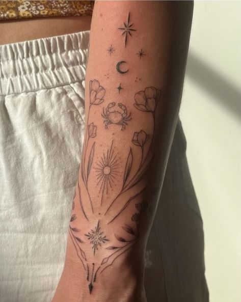 Cherry Blossom Tattoo Shoulder, Mermaid Tarot, Tarot Card Tattoo, Feminine Tattoo Sleeves, Flower Wrist Tattoos, Chic Tattoo, Tattoo Now, Ornamental Tattoo, Zodiac Tattoo