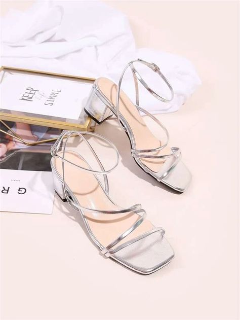 Holographic Ankle Strap Chunky Sandals for Sale Australia| New Collection Online| SHEIN Australia Prom Shoes Silver, Silver Low Heels, Summer Sandals Heels, Silver Wedding Shoes, Shein Shoes, Summer Heels, Silver Sandals, Chunky Sandals, Low Heel Shoes