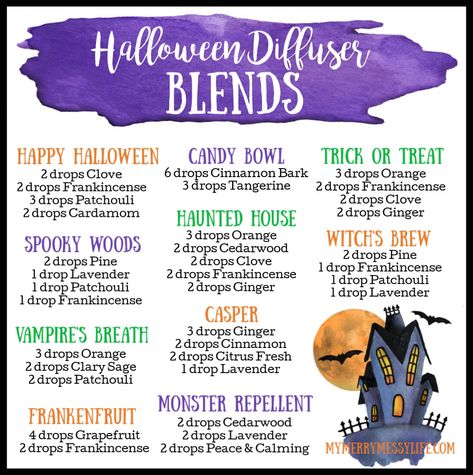 10 Halloween Essential Oil Diffuser Blends – My Merry Messy Life Halloween Diffuser Blends, Halloween Diffuser, Fall Essential Oils, Messy Life, Essential Oil Combinations, Essential Oil Diffuser Blends Recipes, Young Living Essential Oils Recipes, Essential Oils Guide, Essential Oil Diffuser Recipes