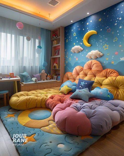 Sky Themed Bedroom, Unisex Bedroom, Room For Kids, Colorful Room, Plush Bed, Kids Room Interior Design, Zen Room, Kids Bedroom Inspiration, Children's Bedrooms