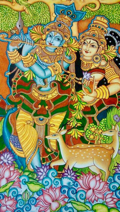 Radha Krishna Mural Painting, Krishna Mural Painting, Radha And Krishna, Mural Art Design, Kalamkari Painting, Kerala Mural Painting, Indian Art Gallery, Indian Painting, Tanjore Painting