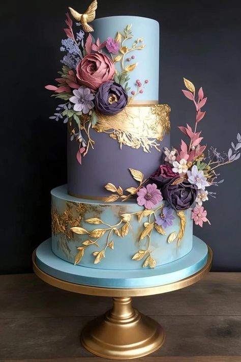 Wedding Cakes Blue And Purple, Purple Blue Wedding Cake, Tangled Wedding Cake, Blue And Purple Wedding Cake, Blue And Purple Cake, Purple And Gold Wedding Cake, Blue And Gold Wedding Cake, Ornate Wedding, Quince Cakes