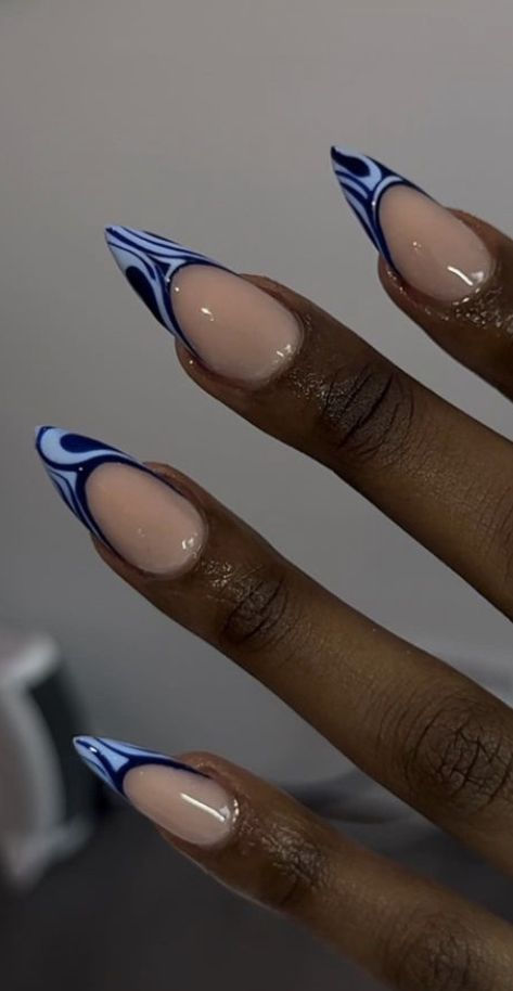 Natural Acrylic Almond Nails, Blue Nail Inspo Acrylic Almond, Blue Acrylic Nails Almond, Almond Blue Nails, Summer Oval Nails, Nails Designs Almond, 25 Nails, Blue Almond Nails, Blue Stiletto Nails