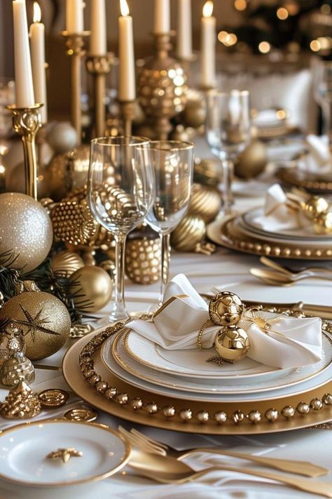 Christmas Dinner Table Settings, Gold Table Setting, Christmas Dining Table Decor, Holiday Table Centerpieces, Christmas Dining Table, Christmas Party Themes, Christmas Dinner Table, Christmas Decoration Ideas, Dinner Table Setting