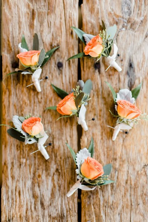 orange boutonnieres - photo by Caroline Lima Photography http://ruffledblog.com/blue-and-peach-organic-wedding Orange Boutonniere, Wedding Ideas On A Budget, Fall Wedding Ideas, Fall Wedding Color Palette, Button Holes Wedding, Fleur Orange, Corsage And Boutonniere, Organic Wedding, Groom Boutonniere