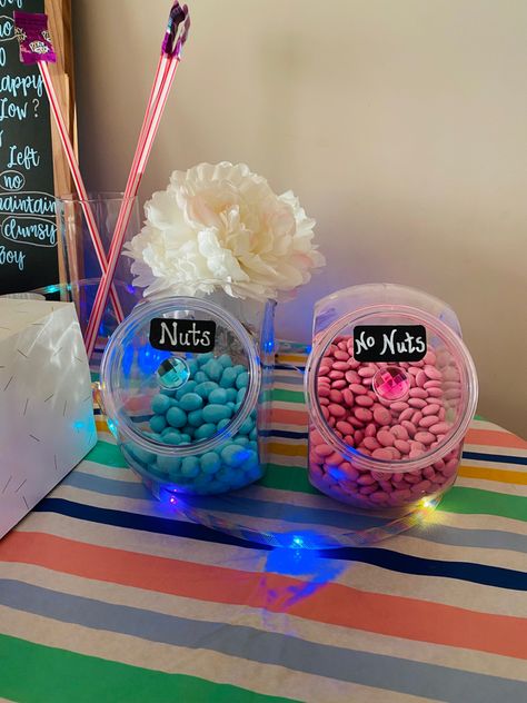 Fun Gender Reveal Decor. Nuts (peanut M&M’s) or No Nuts (regular M&M’s) Candy Themed Gender Reveal, Gender Reveal Party Snacks Cute Ideas, Gender Reveal Lollipop, Gender Reveal Sweets Table, Candy Gender Reveal, Candy Bar Table Gender Reveal, Gender Reveal Snack Table, Gender Reveal Treat Table, Gender Reveal Candy Table