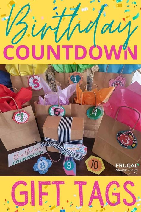 A birthday countdown creates anticipation and excitement. Take a look at these fun ideas for a birthday countdown that include a buildup of excitement plus adorable birthday countdown gift tags.  Use these for a milestone birthday like a 10th birthday, 21st, 30th, or even 40th. They also can be used as birthday countdown calendars to countdowns he days until the big day. Lastly, use them as a birthday countdown box with all the gifts in one huge box. #FrugalCouponLiving Birthday Countdown Gifts, Birthday Countdown Ideas, Birthday Countdown Calendar, Countdown Ideas, Half Birthday Party, Countdown Gifts, Calendar Gift, Birthday Countdown, Birthday Traditions