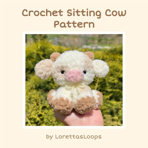 This is an intermediate level (or challenge for beginners) pattern for a sitting cow plushie! This is a digital pdf pattern that will be available to you as soon as you purchase it. It is NOT a physical plushie that will be shipped to you. If you have any issues downloading the pattern, send me a message! Crochet Cow In Overalls, Crochet Cow Pattern Free, Crochet Stuffy, Crochet Cow Pattern, Cow Crochet Pattern, Crocheted Cow Pattern, Cow Crochet, Stuff Animals, Amigurumi Cow