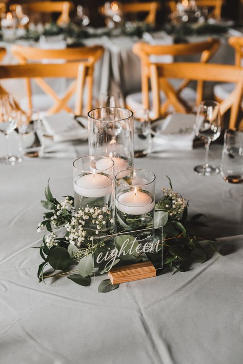 Cylinder Vase With Floating Candle, Eucalyptus And Floating Candles Centerpiece, Cylinder Vase Centerpiece Wedding Floating Candles, Wedding Centerpieces Cylinder Vases, Tafel Decor, Circle Table, Fresh Eucalyptus, Sage Wedding, Sage Green Wedding