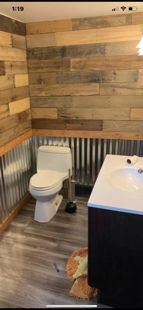 Cheap Rustic Bathroom Ideas Diy, Galvanized Bathroom Walls, Rustic Industrial Bathroom Ideas, Pine Bathroom Ideas, Galvanized Bathroom Ideas, Shop Bathroom Ideas Garages, Shed Bathroom Ideas, Mancave Bathroom Ideas, Tin Bathroom Ideas