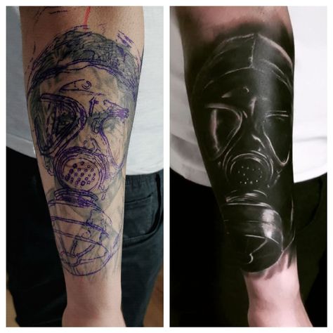 Gas Mask Tattoo Ideas, Cover Up Tattoos Leg, Cover Up Forearm Tattoos, Leg Cover Up Tattoos, Gas Mask Tattoo Design, Gas Mask Tattoo, Hyper Realistic Tattoo, Skull Sleeve Tattoos, Skull Sleeve