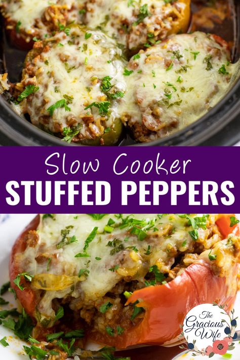 Stuffed Peppers In Slow Cooker, Stuffed Bell Peppers Ground Beef Crock Pot, Crock Pot Stuffed Bell Peppers, Stuffed Peppers In Crockpot, Stuffed Bell Peppers Slow Cooker, Meatloaf Stuffed Bell Peppers, Stuffed Bell Peppers Crockpot Recipe, Meal For New Mom, Stuffed Peppers Crockpot