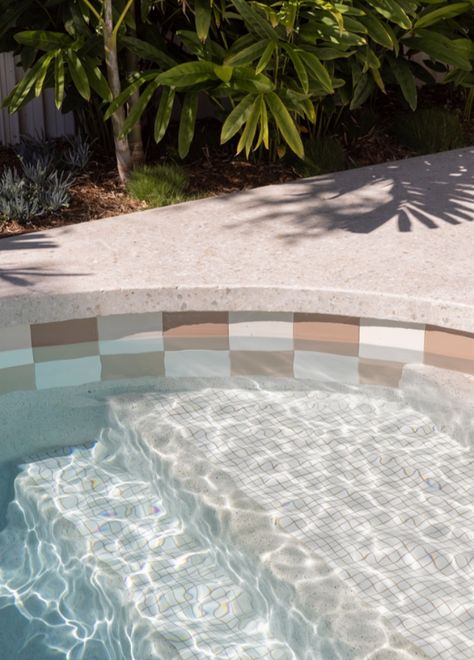 Everything about this pool is inviting. The shape, the water line checker tile, and the colour of the water. I just want to dive in! Checkered Pool Tile, Checkered Pool, Checker Tile, Pool Diving Board, Tiled Pool, Waterline Pool Tile, Pool Decking, Diving Board, Dream Yard