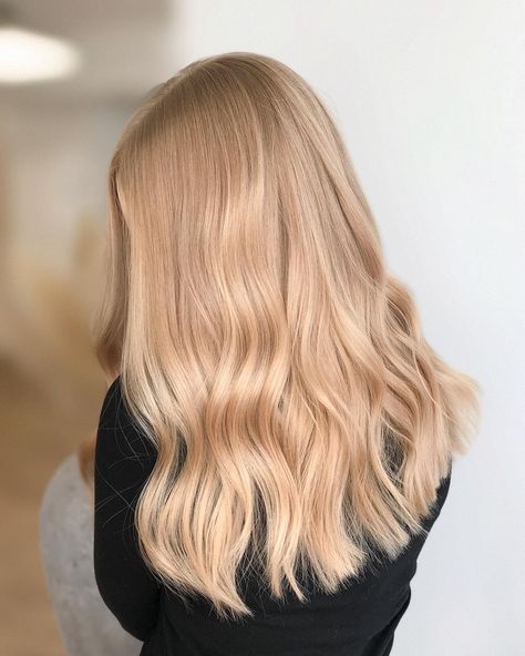 The perfect peach blonde colour created by @hairbyheidihanninen at Instagram. Result achived by mixing Maria Nila's Cool Cream, Vanilla and Peach Colour Refresh. All Over Colour Blonde, Pearl Strawberry Blonde Hair, Pale Honey Blonde Hair, Blonde Hair Red Undertones, Peachy Strawberry Blonde Hair, Strawberry Blonde Hair Toner, Strawberries And Cream Hair, Light Peach Blonde Hair, Golden Blonde Hair Pale Skin