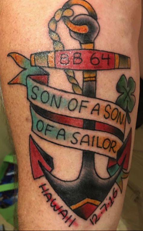 Dwayne's Navy tattoo Ships Tattoo, Tattoo With Banner, Grandfather Tattoo, Side Tat, Watercolor Anchor, Survivor Tattoo, Awareness Tattoo, 13 Tattoos, Clock Tattoo Design