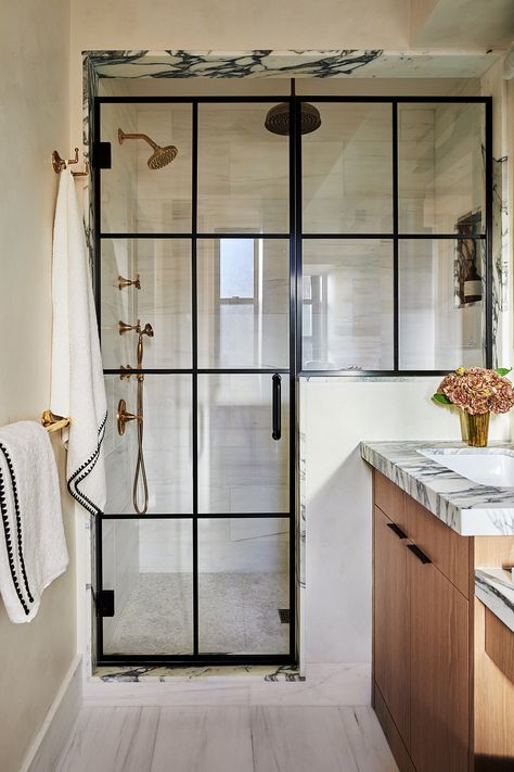 Aesthetic Bathroom Decor, Framed Shower Door, 20 Aesthetic, Recessed Medicine Cabinet, Aesthetic Bathroom, Transitional Bathroom, Countertop Design, Glass Bathroom, Glass Shower Doors